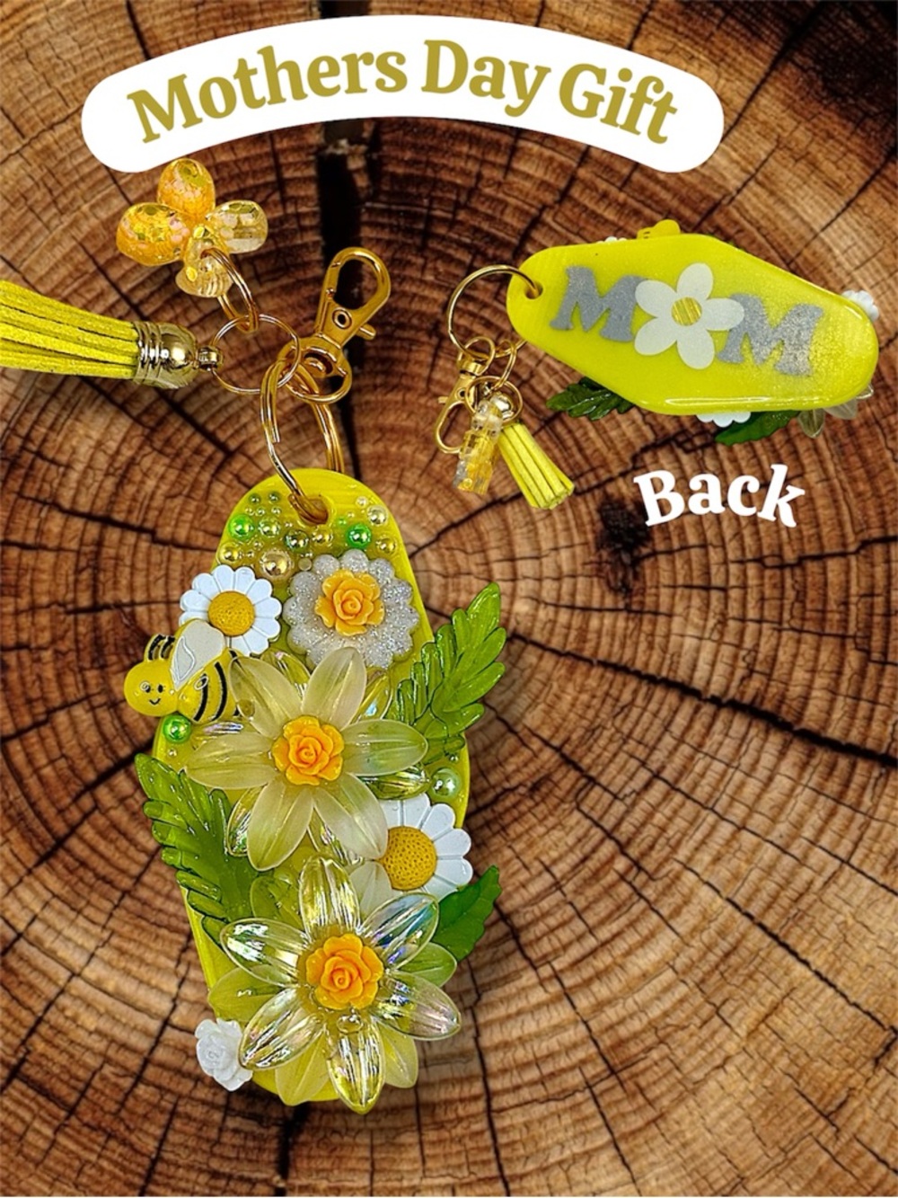 Keychain, Hand Crafted Mothers Day Gift, Resin, Yellow Spring Flowers, Love Mom